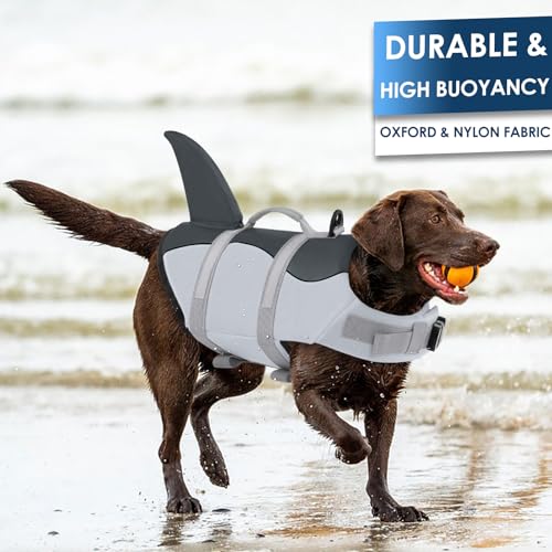 AOFITEE Schwimmweste Hund Große, Hundeschwimmweste Hai für Schwimmen, Hohe Flotation Rettungsweste mit Rettungsgriff und Reflektorstreifen für Kleine, Mittlere, Große Hunde, Grau XL
