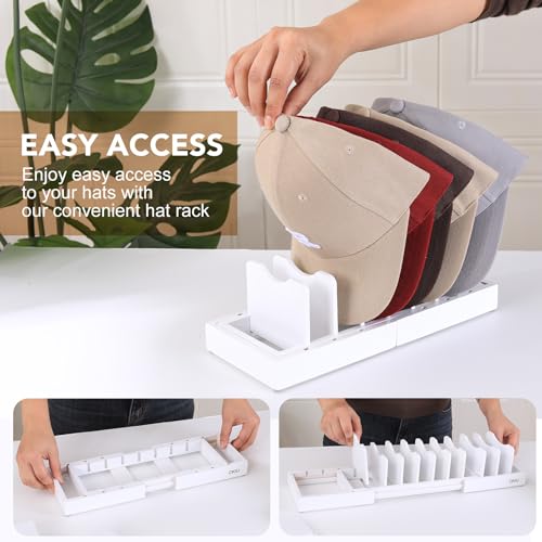 Image of Expandable Hat Stand for Baseball Caps, Bamboo Hat Organizer for 7 to 13 Baseball Caps, Hat Holder for Closet, Bedroom, Dresser, and Shoe Cabinets (White)