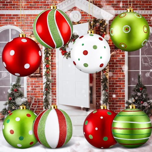 Roundfunny 8 Pcs Christmas Tree Ornaments 6 Inch, Large Glitter Christmas Hanging Balls Red White and Green Shatterproof Plastic Decorative Baubles for Christmas Party Decoration(Lime Green)
