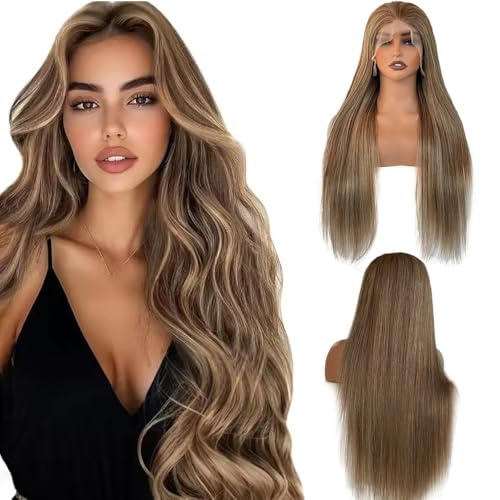 Image of Munx Ombre Highlight 13x6 Lace Front Wigs Human Hair HD Transparent Straight Lace Front Wigs Pre Plucked 180% Density Glueless Colored Honey Blonde Human Hair Wig for Women 24 Inch