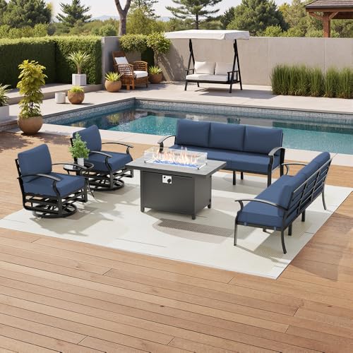 Image of Aluminum Patio Furniture Set with Fire Pit Table, 8 Seats Outdoor Patio Conversation Sets with Swivel Chair Modern Metal Sectional Sofa with Upgrade Cushions for Patio, Backyard - Blue