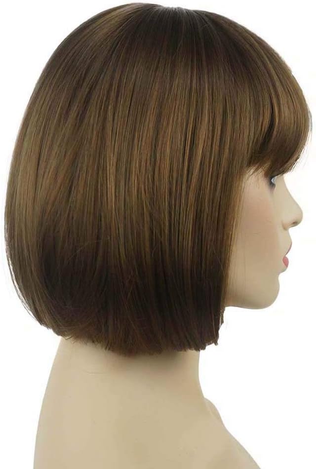 Lydell 8" Straight Short Bob Hair Flat Bangs Cute Central Dot Skin Top Heat Resistant Synthetic Wigs Light Reddish Golden Brown - Image 5