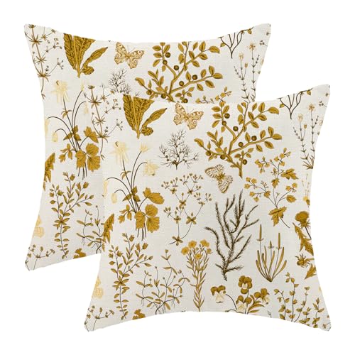 Image of AEIOAE Summer Pillow Covers 24x24 Inch Set of 2,Mustard Yellow Wild Flower Plant Throw Pillows Case,Seasonal Floral Outdoor Decorative Square Linen Farmhouse Decor Cushion Covers for Home Couch