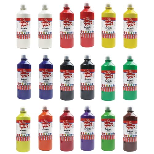 Scola Readymix Water Based Tempera Paint Assorted Colours 18 x 600ml Bottles Non-Toxic Poster Paints Craft Projects Suitable for 3+