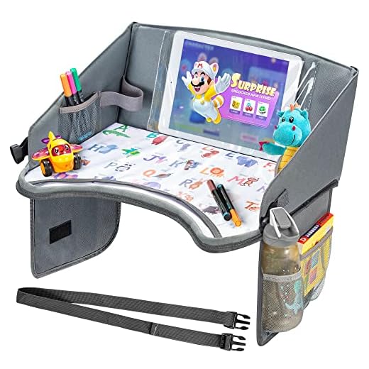 Kids Travel Tray by BonaBee Baby│Lap Organizer for Car Seat with Cup/iPad/Tablet Holder│Sturdy Play Table w/ABC Design Enables Snack Eating & Drawing for Kids, Toddlers & Babies│Stroller Compatible