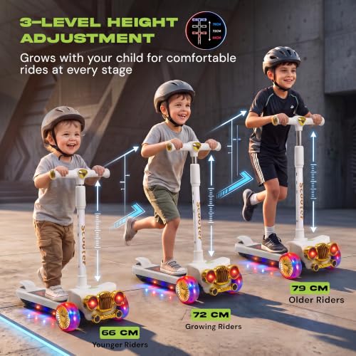 Image of Baybee Twirlo Baby Kick Scooters for Kids with 3 Height Adjustment | Foldable Skating Scooter with Foot Brake | Kids Scooter with RGB Lights & Music | Runner Scooters for Kid 2-10 Years (White)