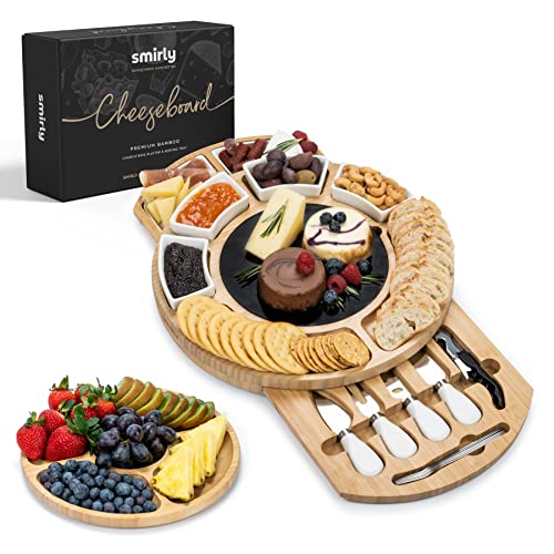 SMIRLY Bamboo Cheese Board and Knife Set: Round Charcuterie Board Set, Wood Cheese Boards, Charcuterie Boards Gift Set, Large Cheese Board Set, House Warming Gifts, New Home Meat & Cheese Tray Platter