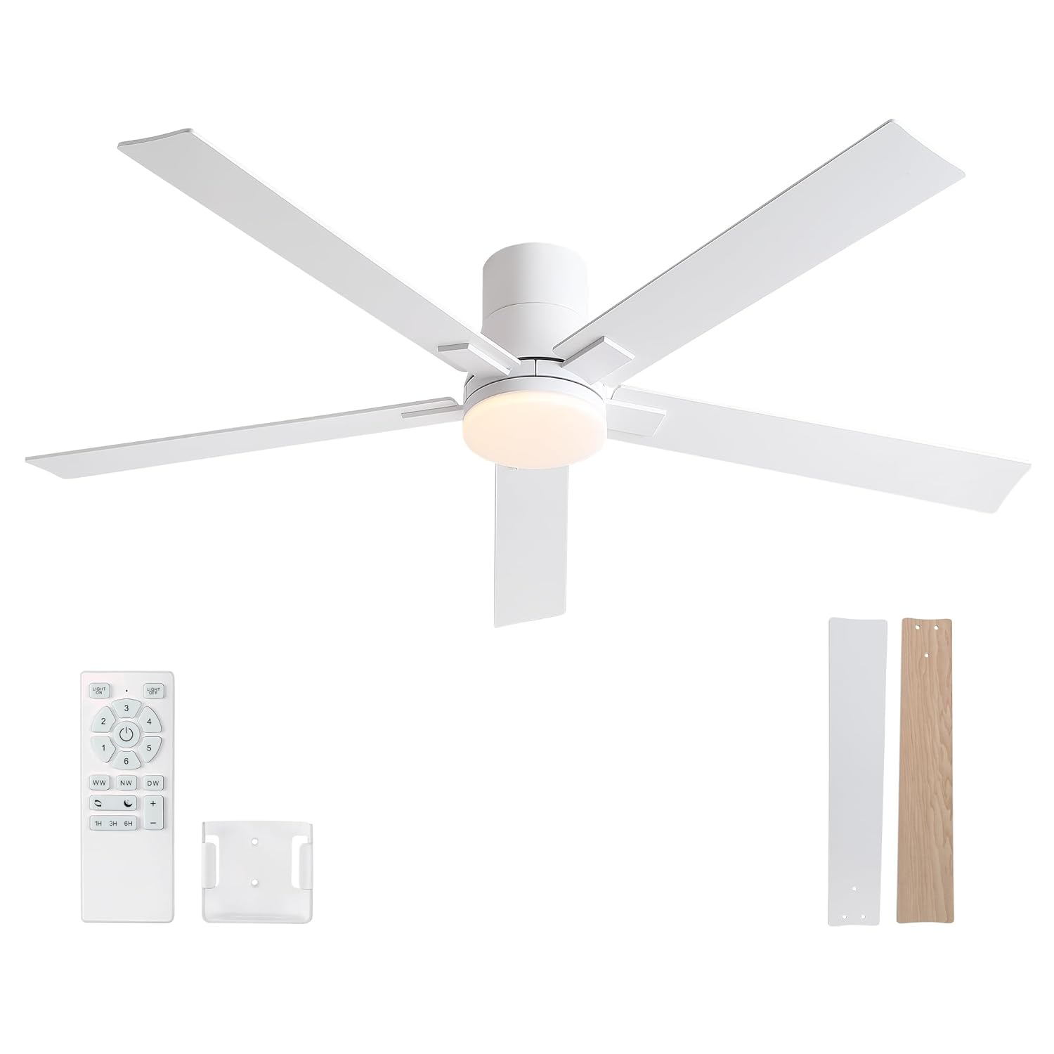 Rayqueen 60 Inch Ceiling Fans with Lights and Remote Flush Mount White Ceiling Fan 6 Speed Reversible DC