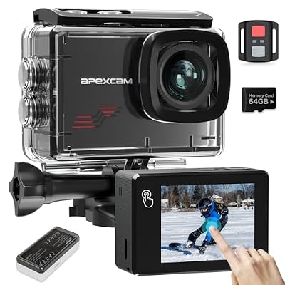Apexcam Action Camera 4K Touch Screen, 131FT Waterproof Camera Underwater, 60FPS 64MP Sports Camera Helmet for Vlog, WiFi Camcorder, 8X Zoom, Remote Control, 64GB Card,Mount Accessories