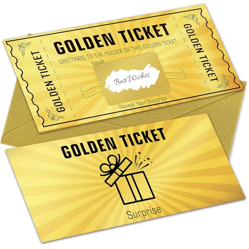 WenmthG 2 Pcs Golden Ticket Surprise Scratch Off Card, Surprise Reveal Card, Ideal Birthday Card, Gold Gift Reveal with Envelope