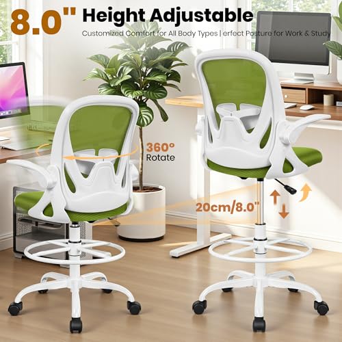 Image of Primy Drafting Chair Tall Office Chair with Flip-up Armrests Executive Ergonomic Computer Standing Desk Chair with Lumbar Support and Adjustable Footrest Ring (AvocadoGreen)