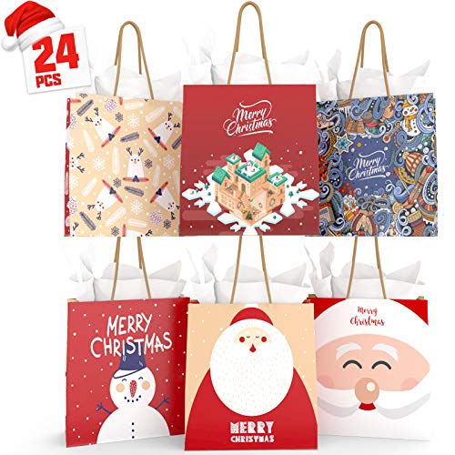 KIDPAR Christmas Bags 9x7''x3.5'' 24 Piece Bags & 24 Tissue Papers for Christmas Holiday Party