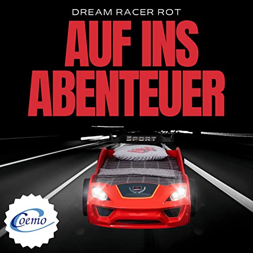 Coemo Autobett Dream Racer Sport Rot Kinderbett im Rennauto-Design mit Lattenrost 90x200 Kunstleder Sportsitze, Spoiler mit Aufklebern, LED Beleuchtung Spielbett für Jungen und Mädchen