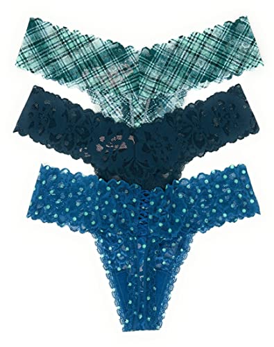Victoria's Secret The Lacie Thong Panty Set Of 3 Small Green Aqua Plaid / Emerald / Sapphire Dot #TOP1