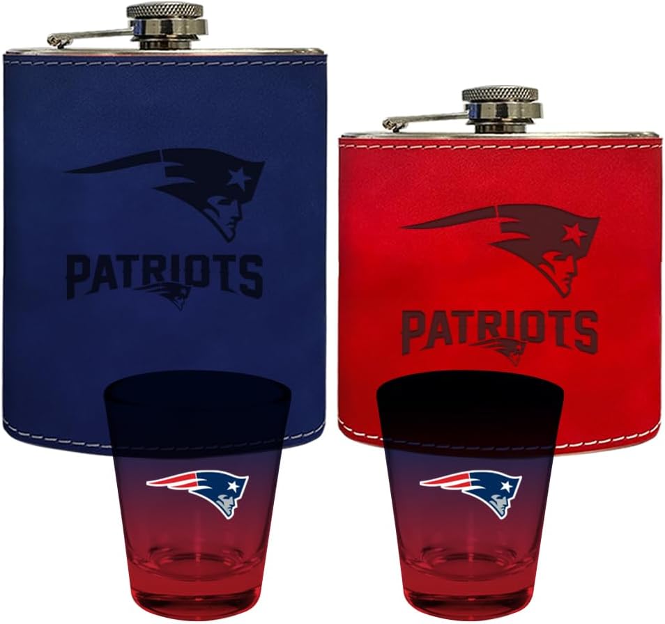 The Memory Company | Licensed NFL 2 Leather Flasks with Funnels and Ombre Shot Glasses (2) Set
