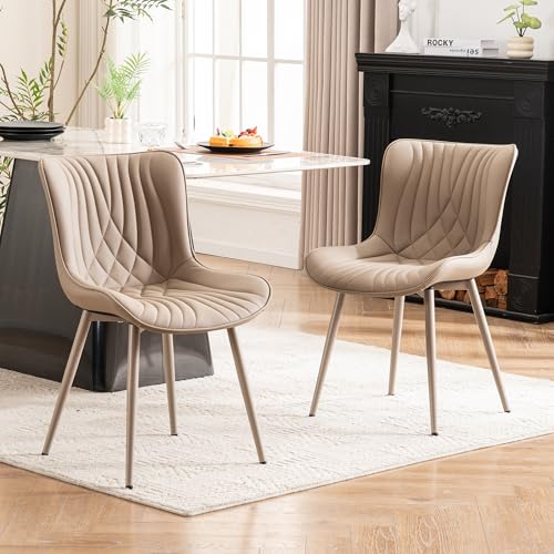 YOUTASTE Modern Upholstered Dining Chairs Set of 2, All Khaki Faux Leather Kitchen Chairs, Mid-Century Armless Accent Chairs with Metal Legs for Living Room, Bedroom