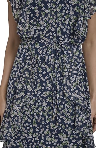 Image of Tommy Hilfiger Women's Sleeveless V-Neck Ruffle Trim Tie Waist Chiffon Mini Dress
