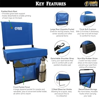 BRAWNTIDE Stadium Seat with Back Support - Extra Thick Cushion, Ideal Stadium Chair for Bleachers, Sporting Events, Light, 2 Bleacher Hooks, Shoulder Strap, 3 Storage Pockets (Blue, 1 Pack)