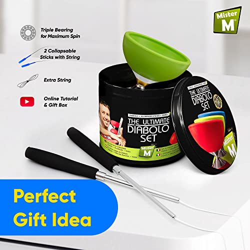 Mister M | The Ultimate diabolo Juggling Set | Suitable for Beginners and Professionals| diabolo Aluminum Sticks and Spare String | Incl. Online Video to Learn The Art of Juggling