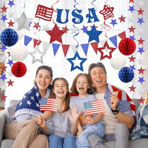 Image of 4th of July Decorations,Red White Blue Party Decorationsr,Red White Blue Honeycomb Ball,Star Hanging Swirl,star Garland for Memorial Veterans Labor Presidents Flag Day Home Parties Accessories