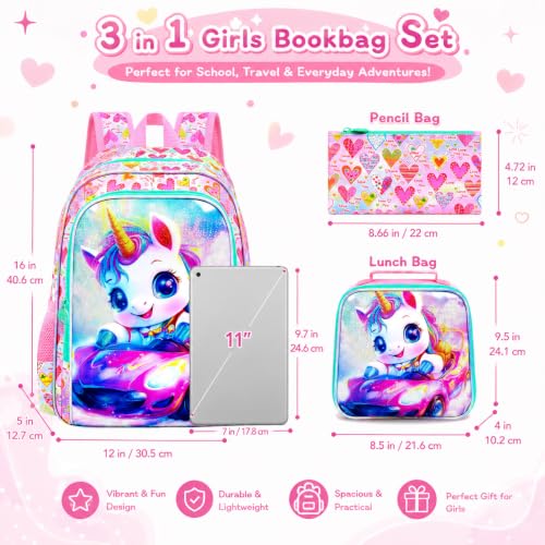 Image of 3Pcs Unicorn Backpack for Girls, 16 inch School Backpacks Set for Elementary Preschool Kindergarten, Kids Car Bookbag with Lunch Box(Pink)