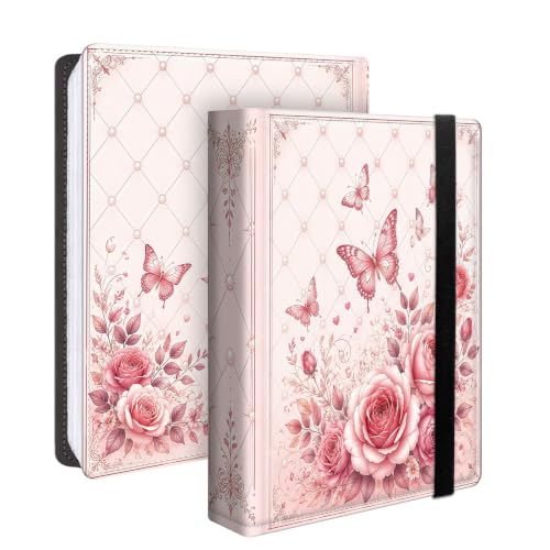 Image of Photo Album 4x6 120 Pockets Quilted Pink Rose Butterfly | 120 clear 4x6 photo pockets, strong elastic band, compact album, family travel wedding use, pink rose butterfly cover