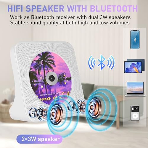 Image of Bluetooth CD Player with Built in HiFi Speakers, Desktop Music Player for Home, Support AUX, USB, FM Radio, Timer, Remote