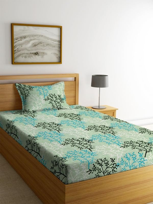 Image of la' amour Cotton Printed 160 tc Flat Single Bedsheets for Summer with Pillow Cover Breathable | Wrinklefree (Size-60 X 90 Inch) Floral, Aqua Brush Strokes