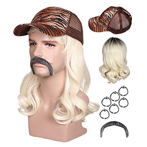 Separated Tiger Pattern Hat and Wig Set with 6 Ear Clips and Mustache for Men and Women (Blonde)