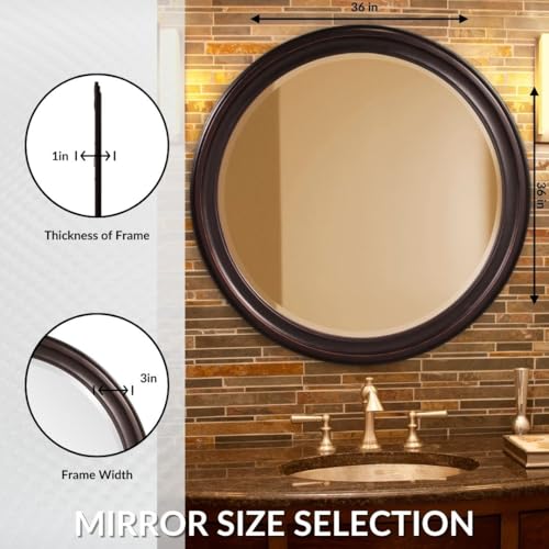 Image of Howard Elliott Collection George Round Oil Rubbed Bronze Wall Mirror, Bevelled Vintage Hanging Wood Framed Vanity Mirrors for Home Decor, Living Room, Bathroom, Bedroom, or Hallway, 36 Inch Round