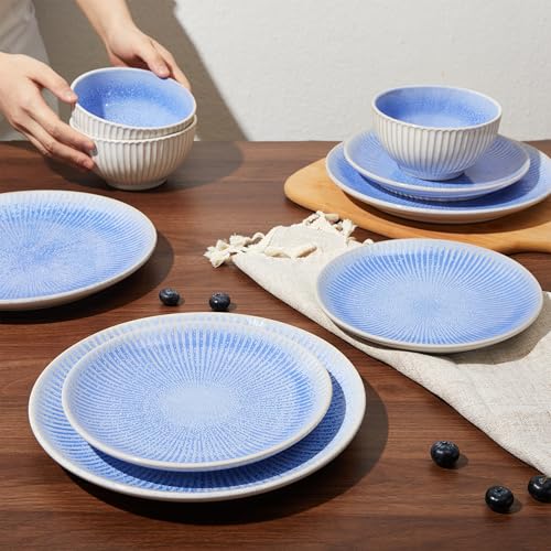 Image of Pokini Ceramic Dinnerware Sets, Handmade Reactive Glaze Plates and Bowls Sets, Highly Chip and Crack Resistant Dish Set, Distinctive Granulated Surface Dishwasher & Microwave Safe Service for 4