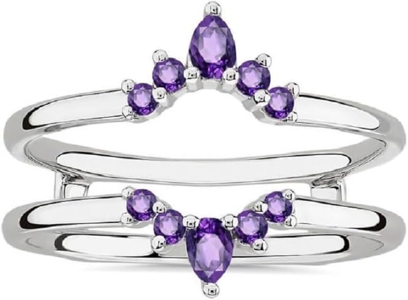925 Sterling Silver Pear & Round Cut Purple Amethyst V Shape Wedding Enhancer Wrap Ring Guard for Women's In 14K White Gold Finish