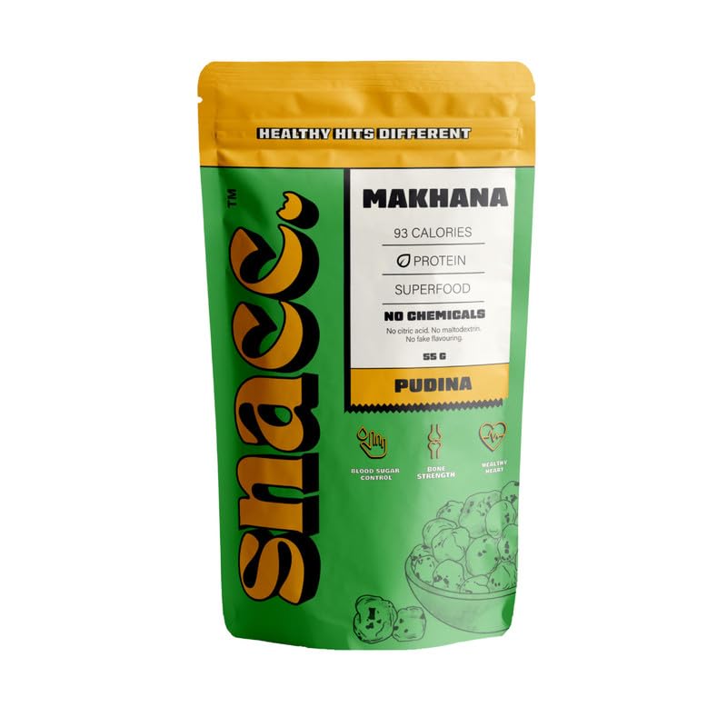 Image of Snacc Pudina Makhana, Spicy Roasted Fox Nuts, Mint Makhana, Protein Rich, Gluten Free, MSG Free, Zero Trans Fat, Zero Sugar, Low Calorie (Pack of 1, Pudina)
