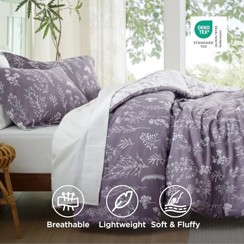 Image of Bedsure Grayish Purple Queen Comforter Set - Reversible Floral Bed Set, Soft Summer Lightweight Bedding for Bedroom, 1 Soft Botanical Flowers Comforter and 2 Pillow Shams