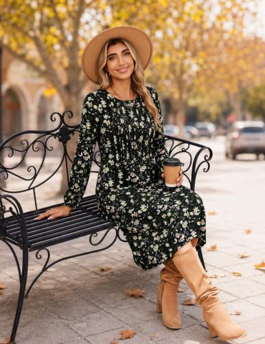 Image of Zeagoo Fall Dresses for Women Long Sleeve Midi Dress Casual A Line Dresses 2026 Pleated Flare Dress with Pockets