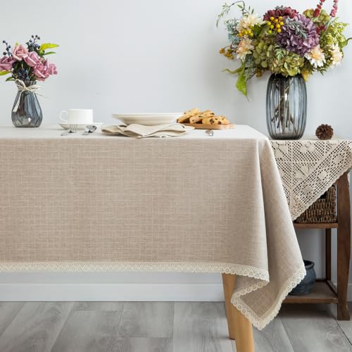Textured Tablecloth Linen Look Rustic Burlap Style Washable Solid Heavy Weight Lace Trim Rectangle Fabric Table ClothTable Cover for Kitchen Dinning Tabletop Decoration55x70 in Beige