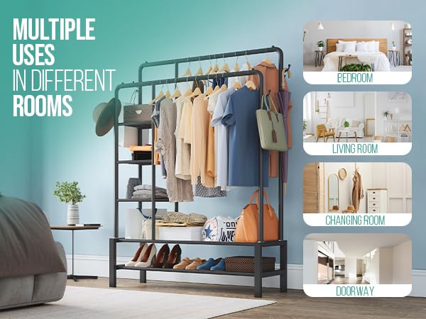 Klass Home Collection Heavy Duty Clothes Rail, 120KG Black Metal Rack With Double Hanging Clothing Rail, Shoe Rack, Storage Shelves & 4 Coat Hooks, Wardrobe Clothes Rails For Bedroom Office Shop