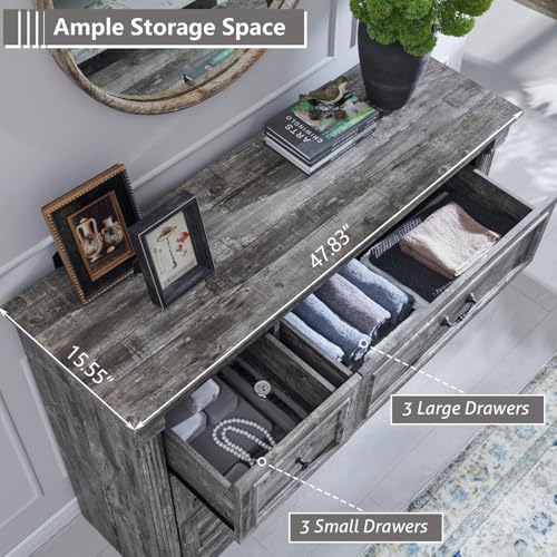 Image of Farmhouse 6 Drawers Dresser for Bedroom, 48 inch Wide Large Dressers & Chests of Drawers w /Roman Column, Storage Dressers Organizer for Bedroom, Hallway, Living Room, Light Grey