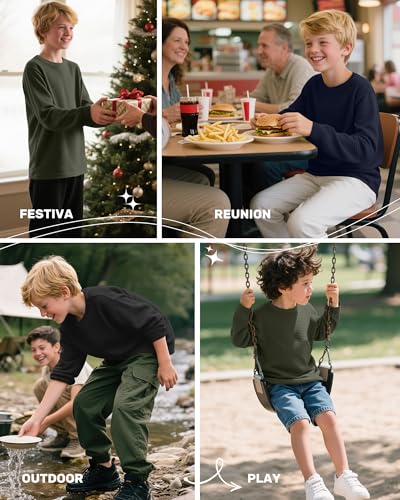 3 Pack Boys Waffle Long Sleeve T-Shirts 5-14 Years, Cotton Thermal Crewneck Tops Kids Fall Warm Shirts Basic Tees3