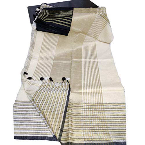 India Meets India Christmas Ethnic Indian Women's Bhagalpuri Bihar Handloom Cotton Khadi Saree with Contrast Blouse (Cream & Black Blouse)