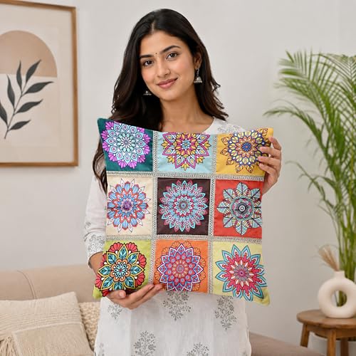 Image of Divine Casa Set of 5 Mandala Cushion Covers 16x16 Inches | Polyester Decorative Sofa Cushion Covers with Lace Border | Multicolor Printed Cushion Covers for Living Room & Bedroom | Multi Brown