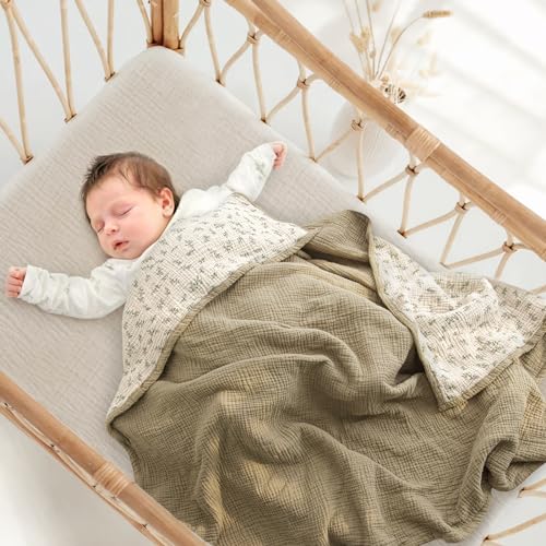 Image of lulumoon Muslin Baby Blanket for Unisex - Soft Cotton Receiving Blanket for Infant - 4 Layer Reversible Breathable Crib Bedding for Stroller and Nursery Decor 47 inchx47 inch (Olive Tree)