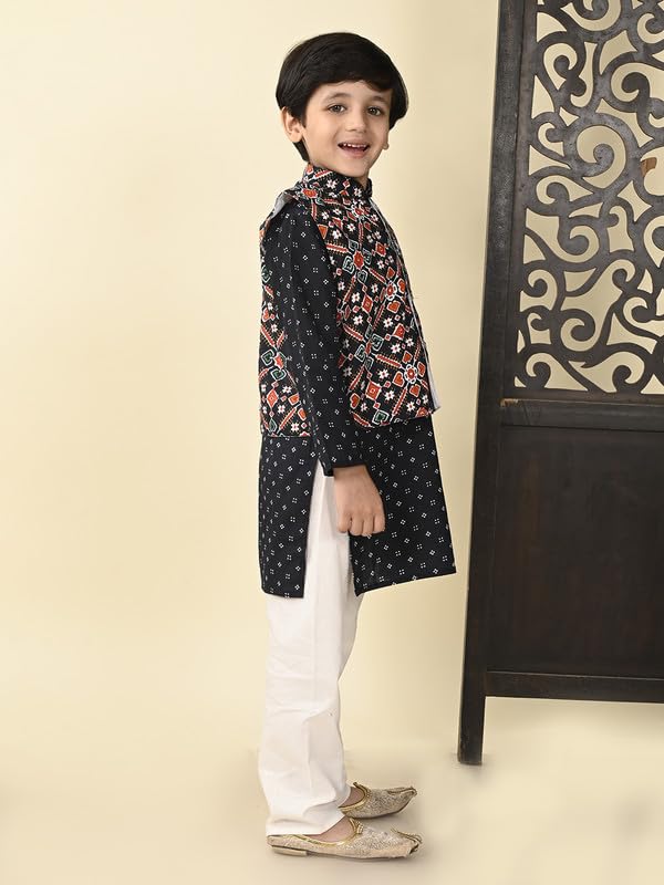 Image of superminis Boys Cotton Printed Full Sleeves Kurta With Ajrakh Printed Jacket and Pyjama Set