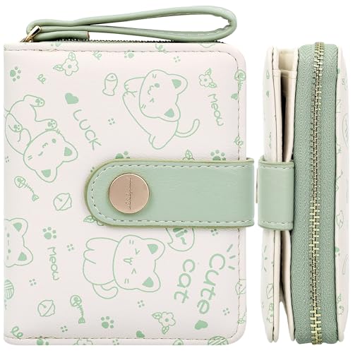 Image of Farcauo Cat Pattern Wallet for Women and Ladies Small Cute Kawaii Green Coin Purse with ID Window and Credit Card Holder Compact Wallet for Women and Ladies