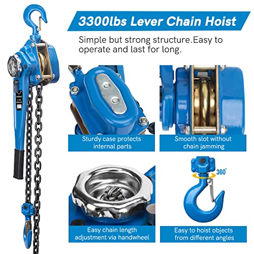 Breerainz Manual Lever Hoist 3300Lbs,1.5T 6M Chain Come Along Lever Hoist, 20Ft Ratchet Puller Hoist Block With Rotary Hooks For Building Warehouse #TOP2