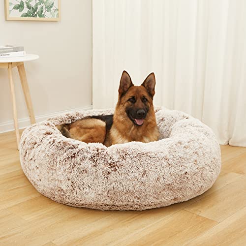 Image of Bedfolks Calming Donut Dog Bed, 45 Inch Round Plush Bed for Extra Large Dogs, Anti-Anxiety, Washable with Non-Slip Bottom (Brown, Extra Large)