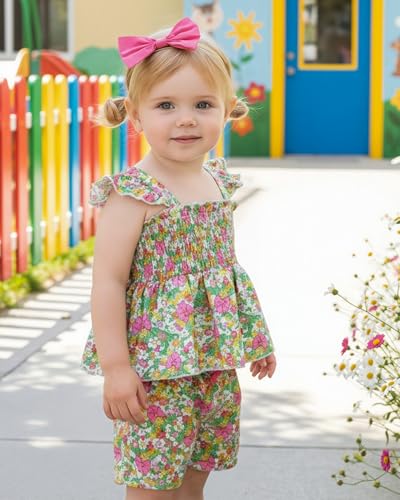 Image of Mioglrie Toddler Baby Girl Summer Clothes Infant Spring Outfits Ruffle Sleeveless Shirt Baby Shorts Headband Clothing Set