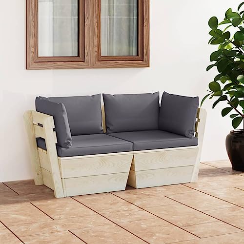 Yunovire Sofá palet de jardín de 2 plazas, madera de abeto impregnada, cojín antracita, 60 x 60 x 65 cm, para terraza, jardín, balcón, exterior, duradero