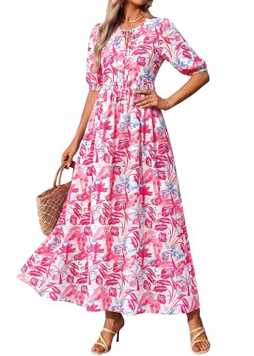 Image of KIRUNDO Maxi Dresses for Women 2026 3 /4 Sleeve Summer Dress | Spring Boho Floral, Drawstring Tie Neck, Loose Fit, Elastic Waist, Pockets, Wedding Guest, Beach Vacation Flowy Long Dress