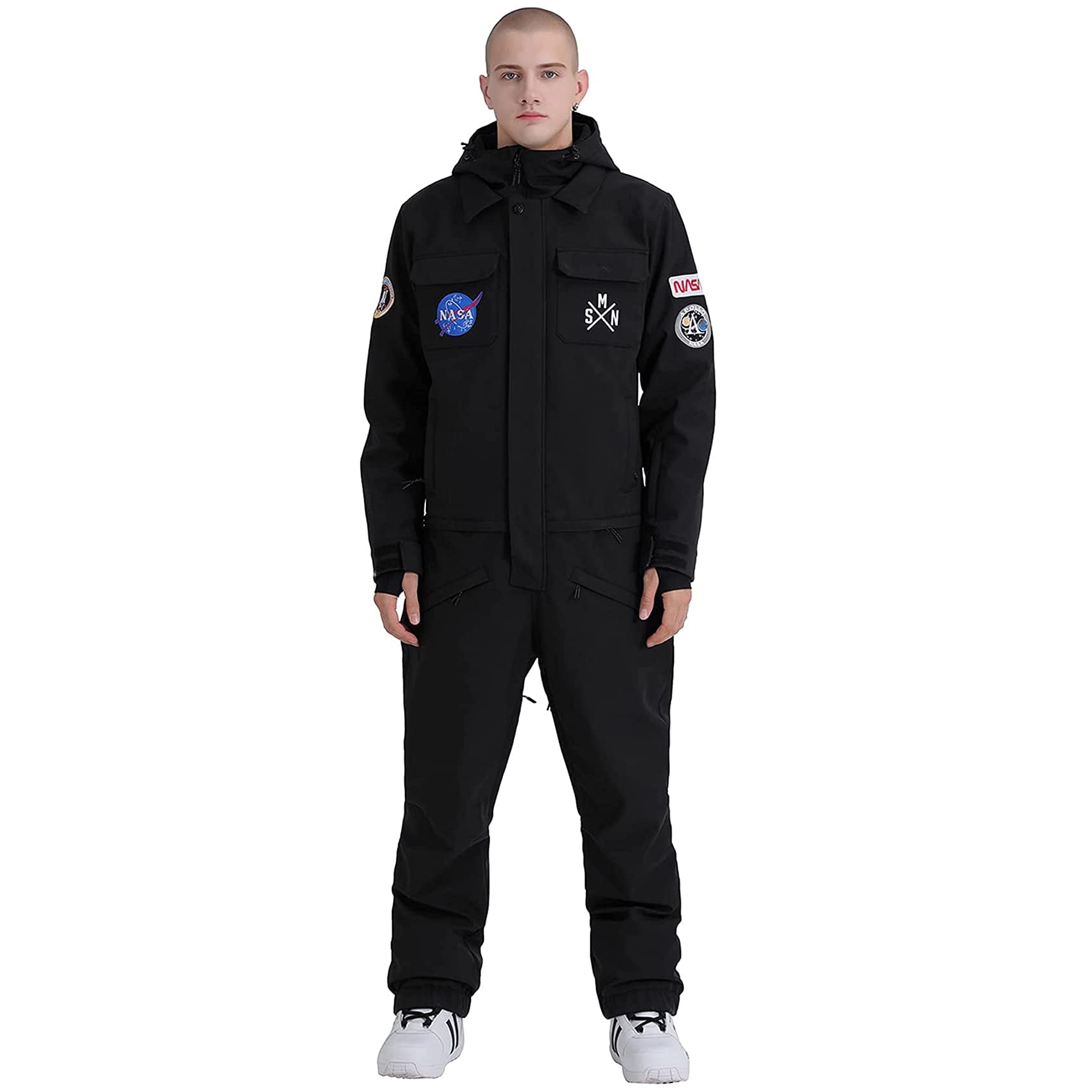 GSOU SNOW Combinaison de Ski/Snowboard Homme, Ample Baggy Multi-Poches à Capuche Imperméable Coupe-Vent Respirante Chaude